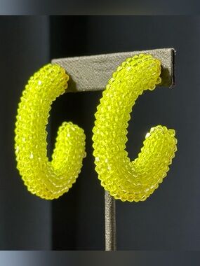 J Crew Neon Yellow Green Crystal Beaded Hoop Earrings Tropical Beachy Summer